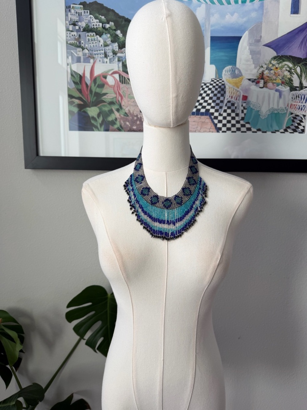 STUNNING Beaded Fringe Collar Necklace with Stretch Peacock Blue